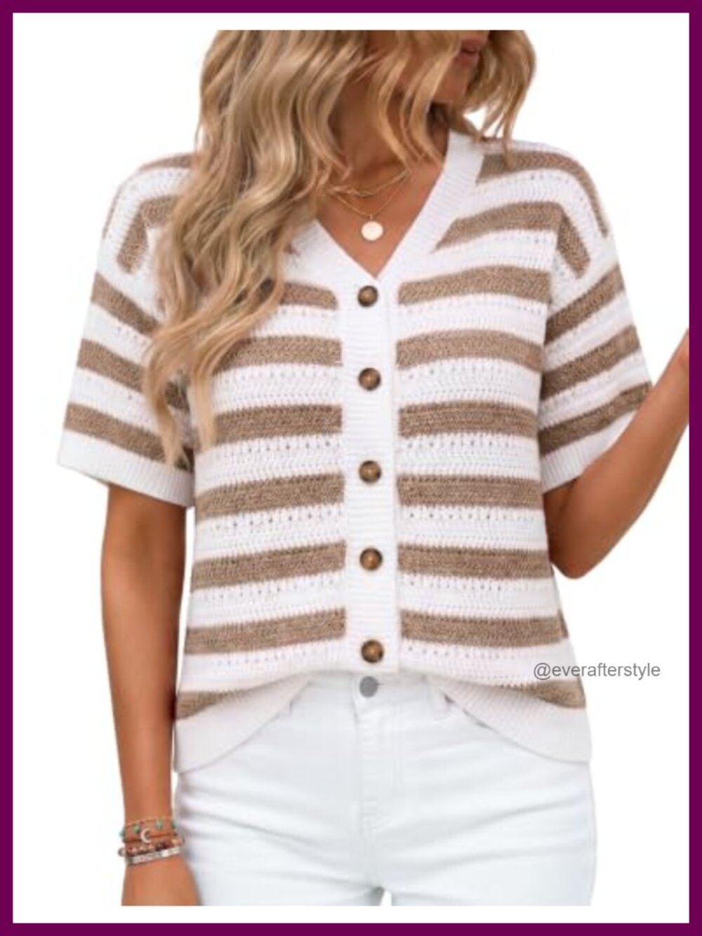Womens Crochet Knit Cardigan Short Sleeve Button Up V Neck Striped Sweater